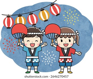 Illustration of children wearing kimonos enjoying the summer festival