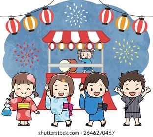 Illustration of children wearing kimonos enjoying the summer festival