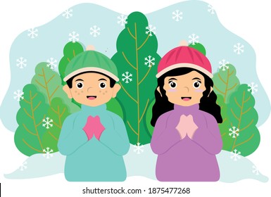 Illustration of Children wearing thick sweaters in winter while playing in the snowy outdoor for background purposes, templates, banners, greeting cards, children's story books or other purposes
