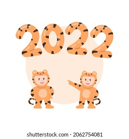 illustration of children wearing tiger costumes celebrating new year's eve, from 2021 to 2022. partying, dancing, having fun with friends. happy Chinese New Year. flat cartoon style. vector design