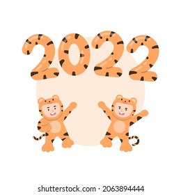 illustration of children wearing tiger costumes celebrating new year's eve, from 2021 to 2022. partying, dancing, having fun with friends. happy Chinese New Year. flat cartoon style. vector design