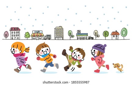 Illustration of children in winter clothes.