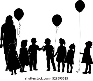 illustration with children and woman silhouettes isolated on white background