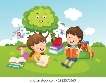 Illustration children working and reading book in the park vector