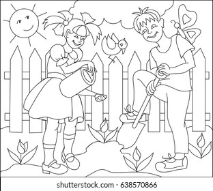  Ilustración de niños trabajando en el jardín de primavera. Imagen de Vector. Página con dibujo en blanco y negro para colorear.