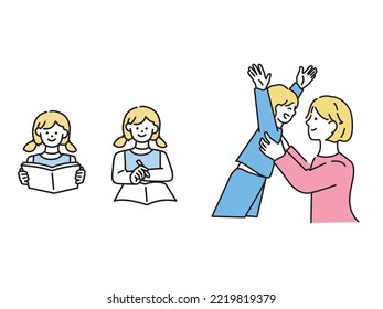 Illustration of children.Parent and child, study, play, mother and child, happiness.	
