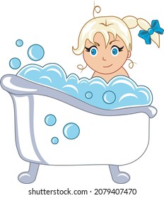 Illustration of a children's bathroom, water procedures, a child is washed in a bathtub, a lot of foam, a happy girl takes a bath, a lot of bubbles of foam. Flat style vector illustration isolated on 