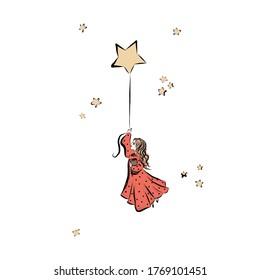 Illustration for children's book with girl flying in a star-shaped balloon