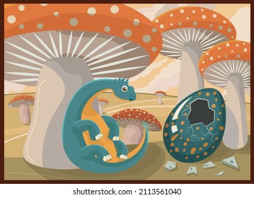 illustration for a children's book, a newly hatched dinosaur with blue and orange color, crawled out of an egg and sits on a background of fly agaric mushrooms