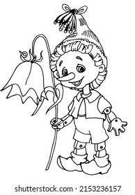 Illustration for children's book Pinocchio with a flower bell; coloring book