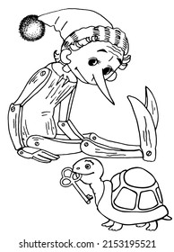 Illustration for children's book Pinocchio, turtle and golden key, coloring book