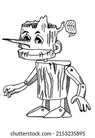 Ilustración del libro infantil Pinocho, hombre de madera, libro de colorantes