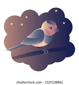 illustration for a children's book or textbook with the image of a bird sitting on a branch against the night sky