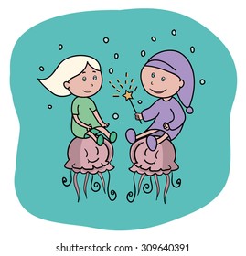 illustration for children's books. magic. children. jellyfish. sea World. bubbles