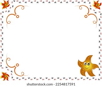 Illustration of a children's card frame with a cheerful dolphin and ants. Postcard cartoon.
