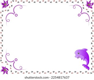 Illustration of a children's card frame with a cheerful dolphin and ants. Postcard cartoon.