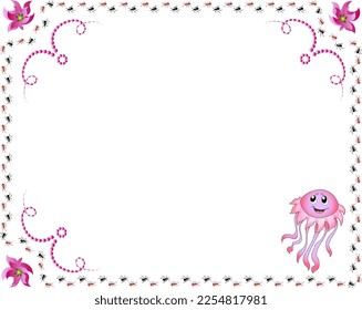 Illustration of a children's card frame with a cheerful jellyfish and ants. Postcard cartoon.