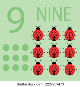 illustration of a children's card with number nine. The worksheet learns to count and write number and  ladybugs