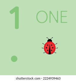 illustration of a children's card with number one. The worksheet learns to count and write number and  ladybugs
