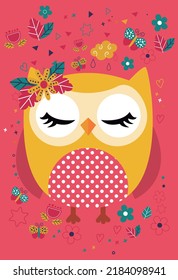 
Illustration Children's Cartoon Owl With Big Eyelashes Sleeping With Eyes Closed