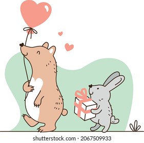illustration children's congratulations bear hare balloon gift