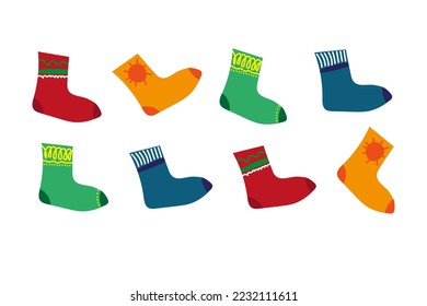 An illustration for children's educational books with the task to find a pair, connect the same elements of multi-colored socks
