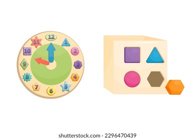 Illustration of children's educational games, clocks for learning time and shapes, cubes for learning shapes , children's games. Cute clipart for baby shower or print for invitations, greeting cards