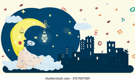 illustration in childrens flat cartoon style for children's bedroom design decoration, the moon moon sleeps on the clouds on the background of the city