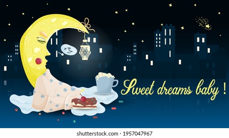 illustration in the childrens flat style cartoon for the design of the children's room The moon sleeps on the clouds with the inscription mirror image on the background of the night city among the sta