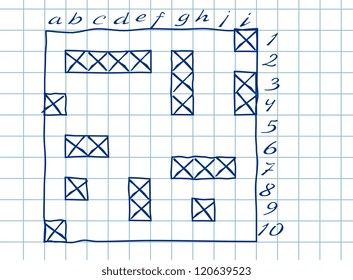 Illustration of children's games sea battle in notebooks