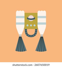 Illustration of a children's handmade costume - rocket or a spaceship. Games, fun, theater and Halloween concept. Hand drawn vector illustration isolated on peach background. Cute style.