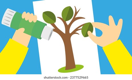 Ilustración de las manos de los niños haciendo una aplicación de un árbol con hojas