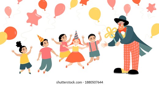 Illustration of a children's party with a cheerful clown and balloons. Cartoon image in flat style