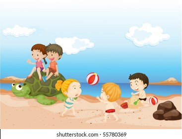 Illustration of Childrens Playing on Beach on colorful background