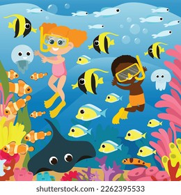 Illustration for children's puzzles in a cartoon style. Cute children aqua divers swim underwater near coral reefs. Under water swim jellyfish, stingray and fish.