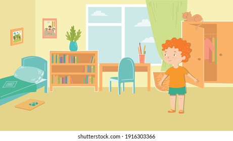 Illustration of a children's room with boy. vector. flat illustration with pastel colors