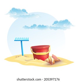 Illustration of children's sand bucket and a rake with shell