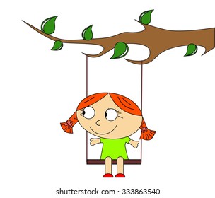 illustration in a childrens style, with a girl on a swing.