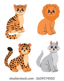 Illustration in children's style. Set of cute animals. Jaguar, tiger, wolf, lion. Flat vector illustration.