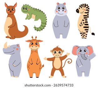 Illustration in children's style. Set of cute animals. Monkey, rhinoceros, giraffe, zebra, elephant. Flat vector illustration.