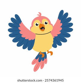 Illustration in children's style. Tropical colorful parrot in flight. Flat vector illustration.