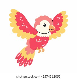 Illustration in children's style. Tropical parrot in flight. Flat vector illustration.