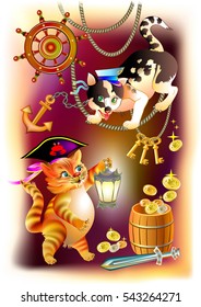 Illustration to the children's tale. Two cats are looking for treasure in the pirate ship. Vector cartoon image.