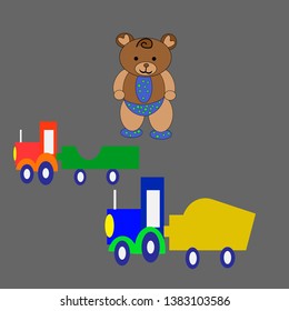 Illustration Children's toys. Of bear in panties t-shirt sock toy tractor bright colors yellow red blue green vector graphics.