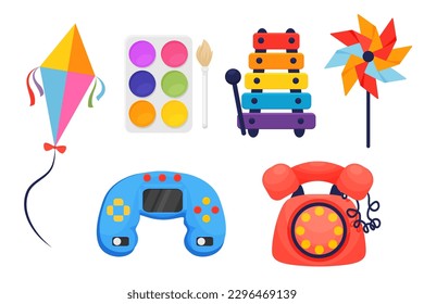 Illustration von Kinderspielzeug, Kinderobjekten, Spielen für Kinder, helle Illustrationen. Farbige Babydusche-Clips oder Druck für Einladungen, Grußkarten, Poster usw.