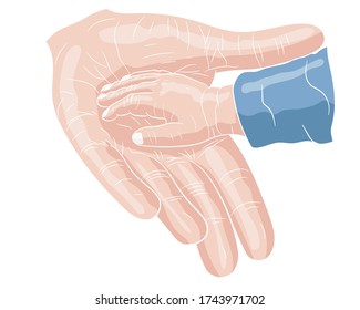 Illustration of a child's hand in the hand of an adult in isolate on a white background. Children's Day. Mom's Day. Dad’s day. Vector illustration.