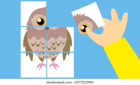 Illustration of a child's hand assembling an owl puzzle