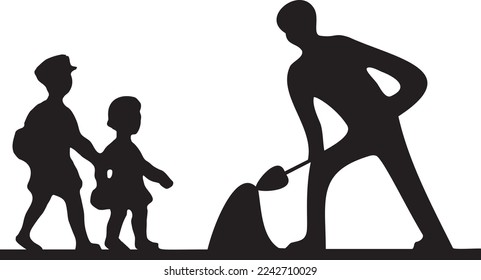 Illustration of a child's silhouette walking while a man is cautious on the road under construction