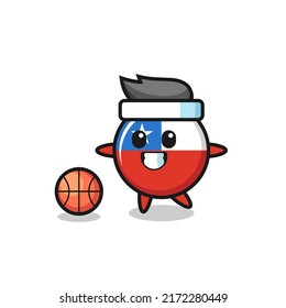 Illustration Of Chile Flag Badge Cartoon Is Playing Basketball , Cute Style Design For T Shirt, Sticker, Logo Element