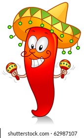 Illustration of a Chili Character Dressed in Traditional Mexican Costume Playing with a Pair of Maracas